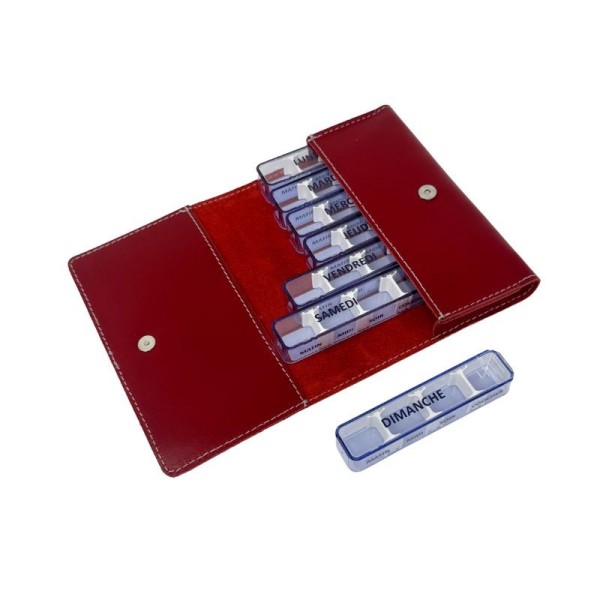 Pilulier hebdo et pochette en cuir rouge
