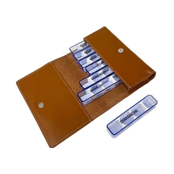 Pilulier hebdo et pochette en cuir camel