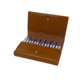 Pilulier hebdo et pochette en cuir camel