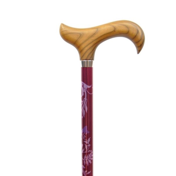 Canne de marche réglable avec poignée bois, motif feuillage magenta