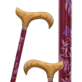 Canne de marche réglable avec poignée bois, motif feuillage magenta