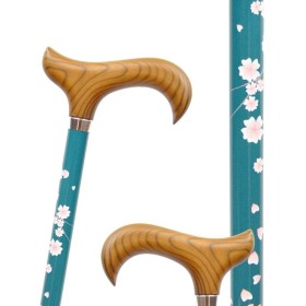Canne de marche réglable avec poignée bois, motif fleuri