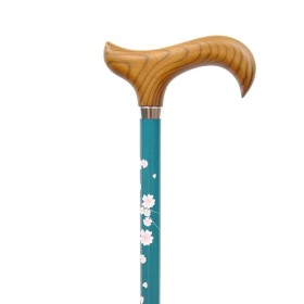 Canne de marche réglable avec poignée bois, motif fleuri