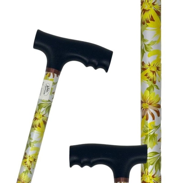 Canne de marche fleurs jaunes réglable aluminium – poignée noire