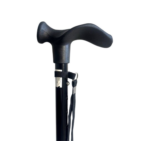 Canne pliante noire ergonomique main droite, dragonne incluse