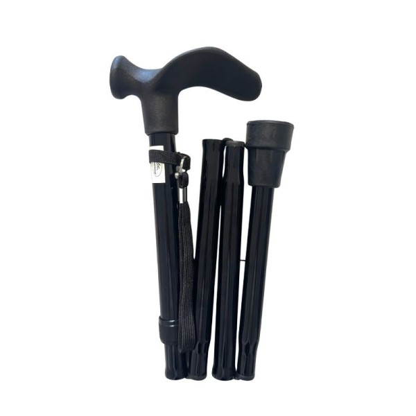 Canne pliante noire ergonomique main droite, dragonne incluse
