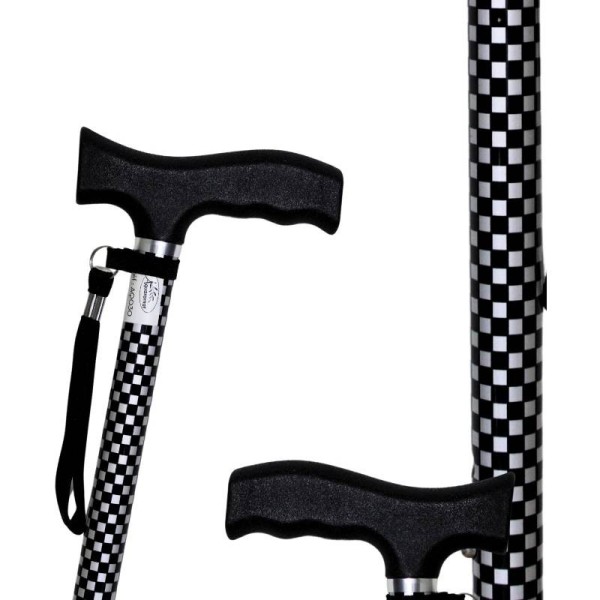 Canne de marche réglable motif damier noir et blanc, dragonne incluse