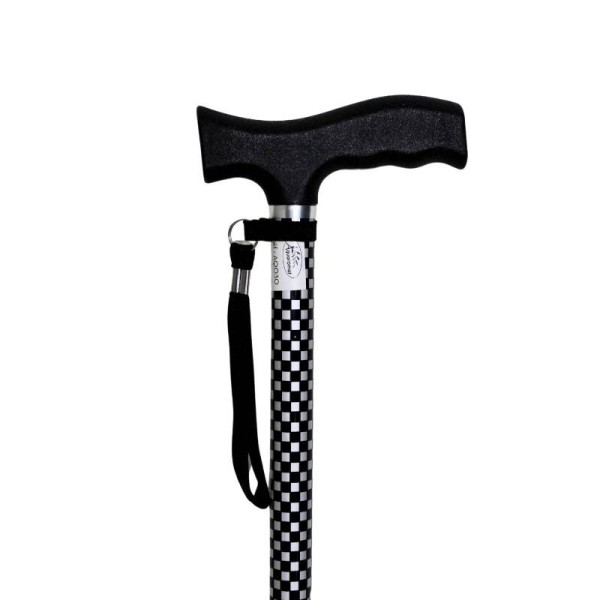 Canne de marche réglable motif damier noir et blanc, dragonne incluse