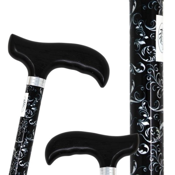 Canne de marche élégante noire avec motif feuillage discret