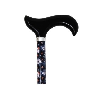 Canne de marche réglable avec poignée derby, motif fleurs bleu nuit