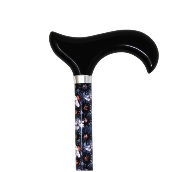 Canne de marche réglable avec poignée derby, motif fleurs bleu nuit