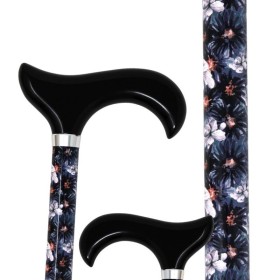 Canne de marche réglable avec poignée derby, motif fleurs bleu nuit