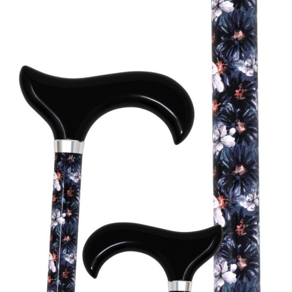 Canne de marche réglable avec poignée derby, motif fleurs bleu nuit