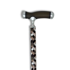 Canne de marche réglable avec poignée gel silicone, motif carreaux marron