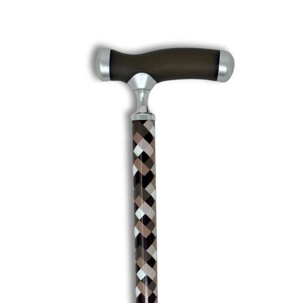 Canne de marche réglable avec poignée gel silicone, motif carreaux marron