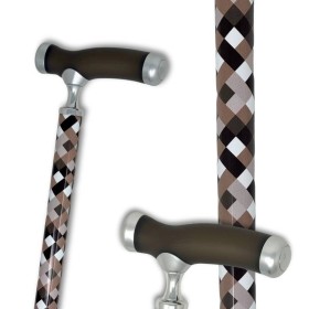 Canne de marche réglable avec poignée gel silicone, motif carreaux marron