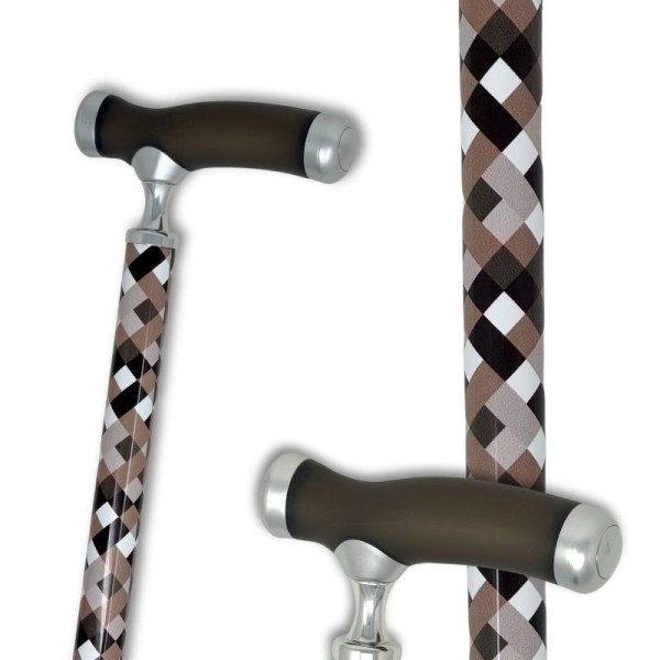 Canne de marche réglable avec poignée gel silicone, motif carreaux marron