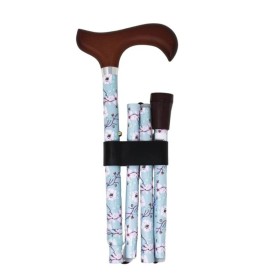 Canne pliante bleu pastel fleurs de cerisier réglable poignée bois